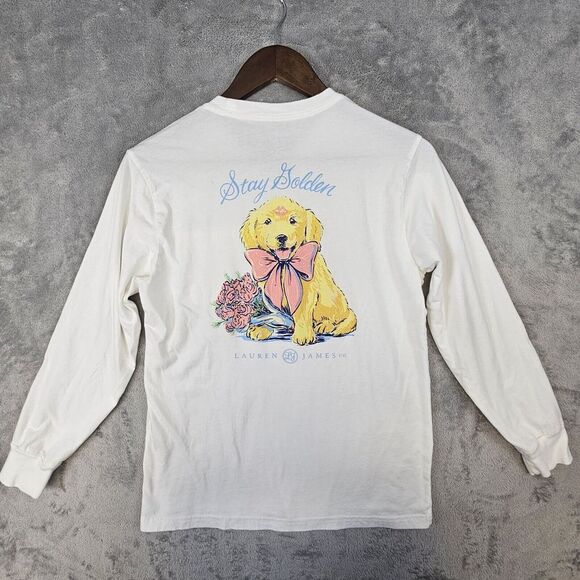 Lauren James T-Shirt Small White Stay Golden Dog Golden Retriever Puppy‎ Graphic - Picture 1 of 8